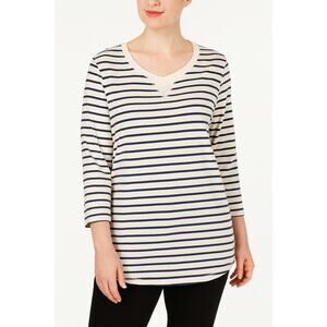 Karen Scott Sport Large Navy Stripe 3/4 Sleeve V-Neck Top Casual Cotton Blend